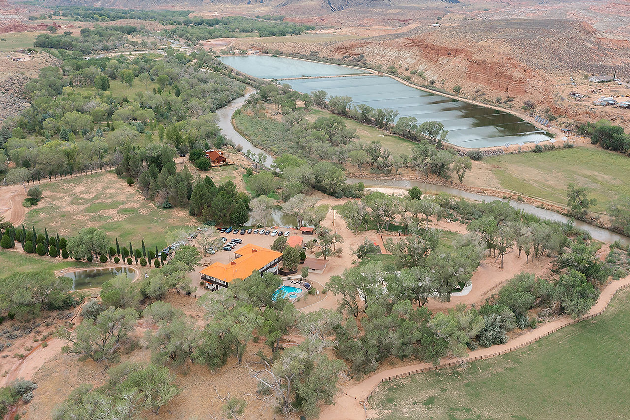 Aerial drone view of the Zion Red Rock Villa and surrounding desert landscape for a Zion National Park wedding.