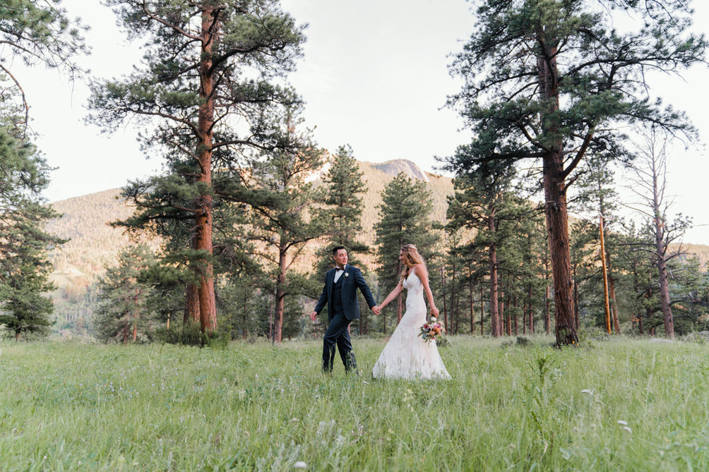 Bride and groom walking hand-in-hand through a grassy field with evergreen trees and mountains in the background.