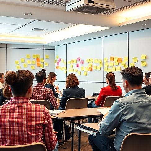 create picture of a training session where attendees are writing on post it notes, make mo