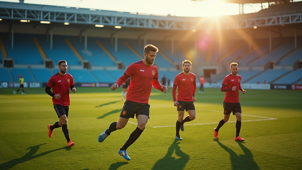 High angle view of a sports team doing warm-up exercises on a field