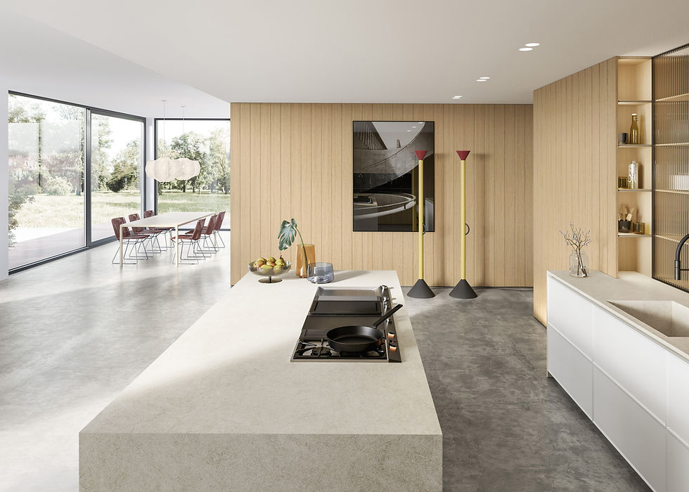 cuisine sur mesure Monaco avec îlot en pierre claire, façades bois clair et meubles blancs, design italien contemporain, grandes baies vitrées sur jardin