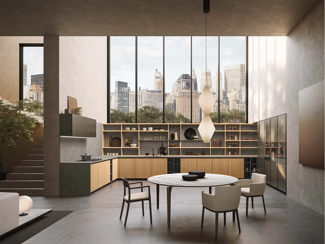 Cuisine design italien Boffi, agencement ouvert avec grandes baies vitrées et mobilier contemporain – Elegance Italian Interior Design"