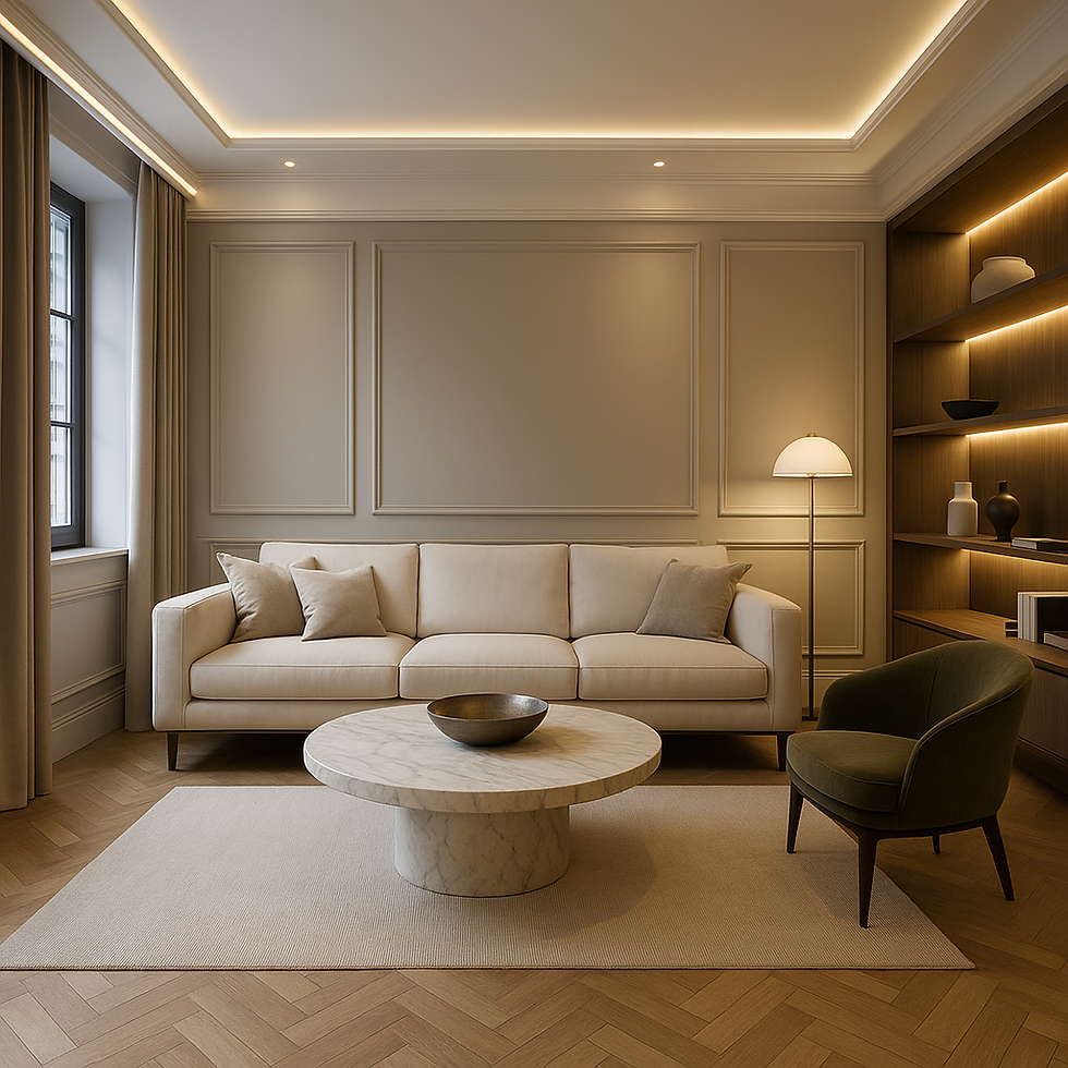 Rénovation de luxe d’un salon moderne avec mobilier italien haut de gamme, finitions sur-mesure et éclairage LED intégré.