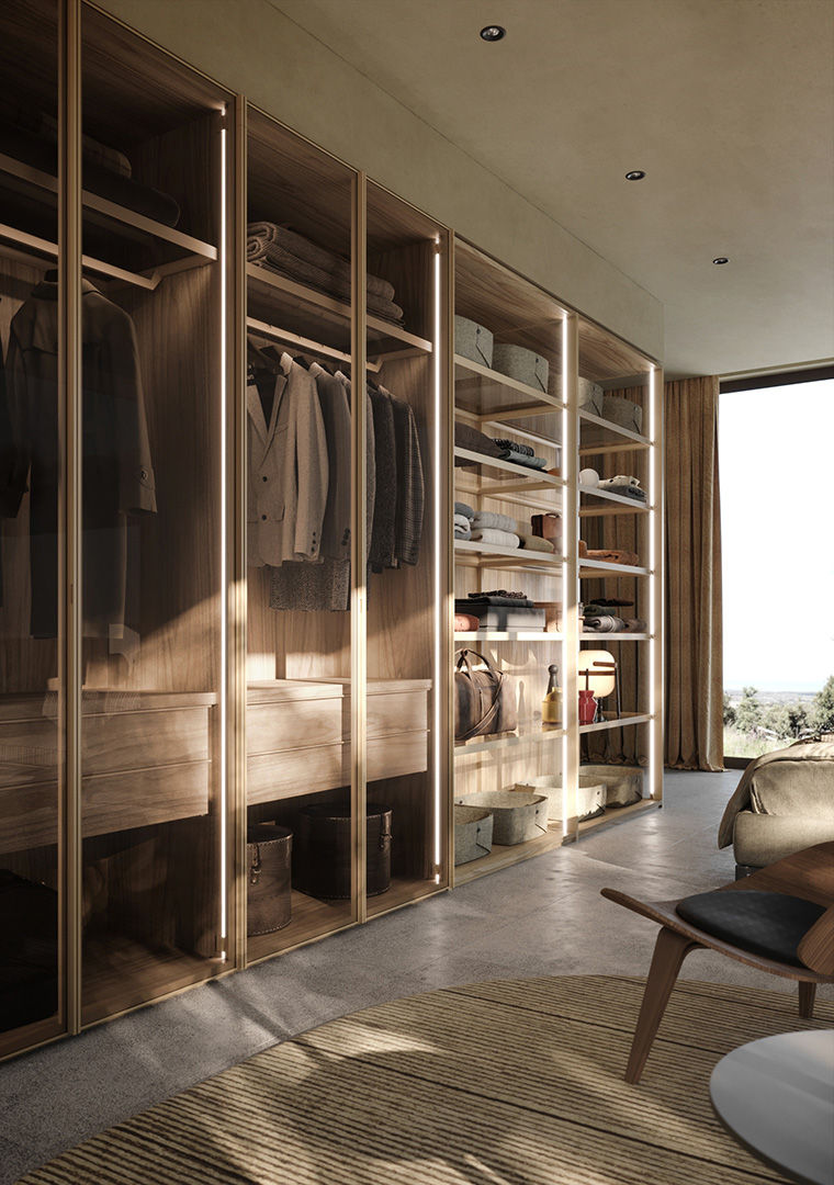 Dressing en bois ouvert sur mesure avec éclairage intégré, vue contemporaine.