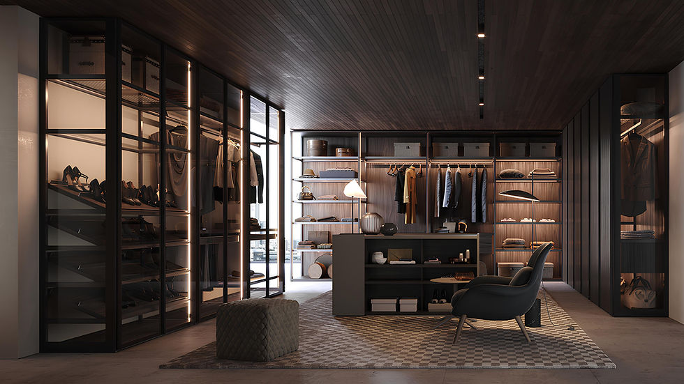 Dressing haut de gamme vitré avec éclairage LED intégré, finitions bois foncé et agencement sur mesure – aménagement de luxe pour intérieur moderne.