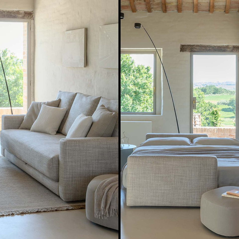 Un canapé élégant qui se transforme aisément en lit simple ou double. Pour des solutions flexibles et contemporaines.