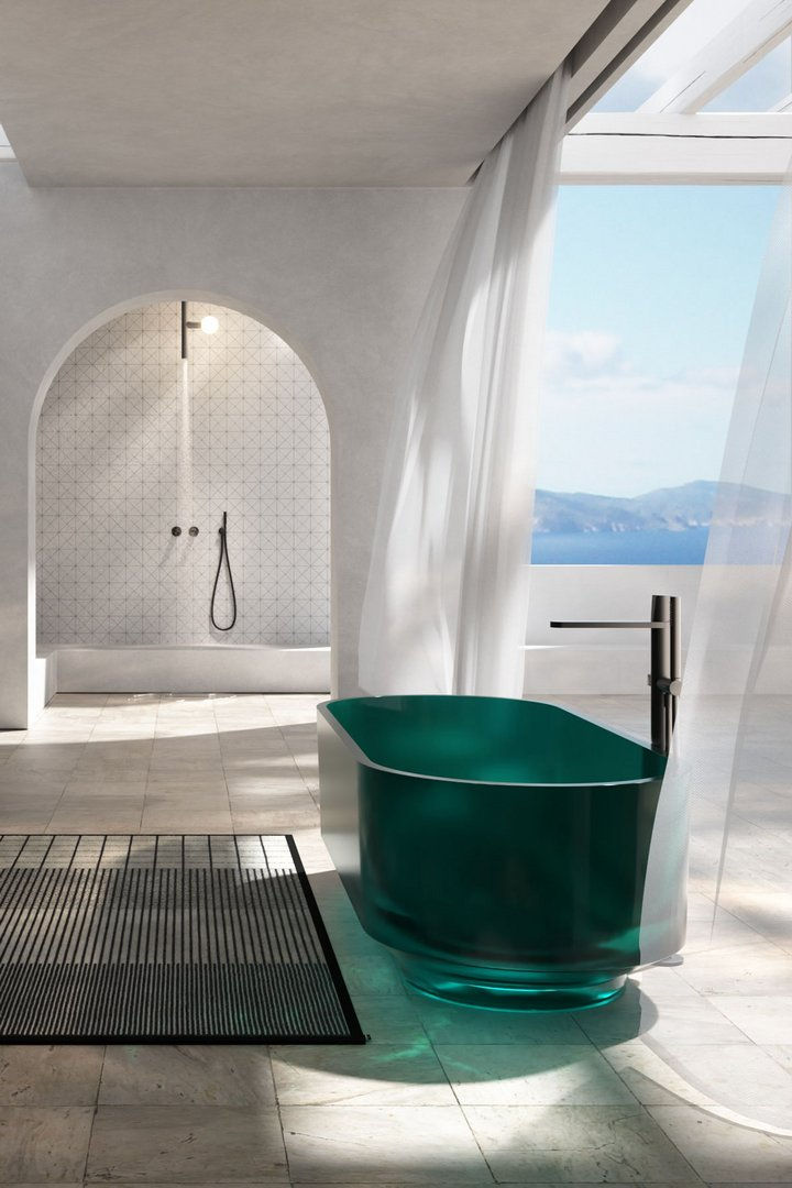 Miniature : Cristalmood Borghi posé dans salle de bain en pierre brute – contraste entre matière et lumière