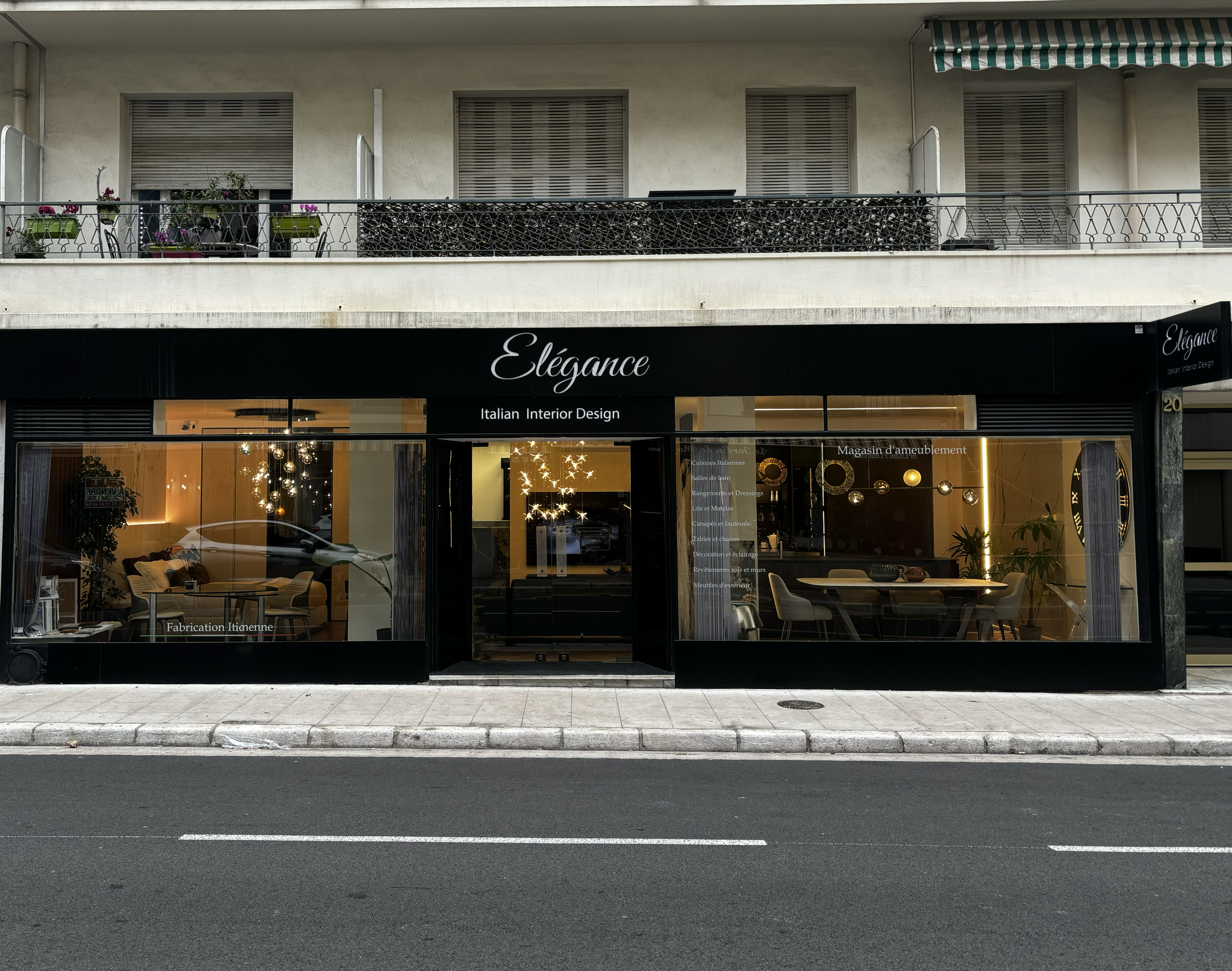 Devanture du showroom Elegance Italian Interior Design à Nice, spécialisé dans le mobilier italien haut de gamme, cuisines design, dressings sur mesure et aménagements contemporains.