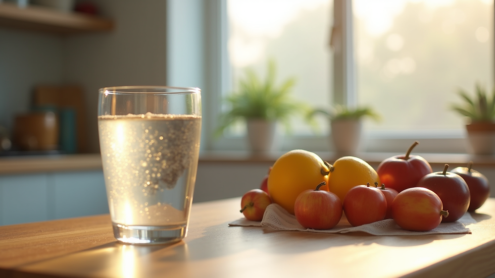 Eye-level view of a glass of water and fresh fruits on a kitchen table