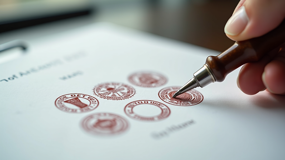 Close-up view of official stamps and seals on a legal document
