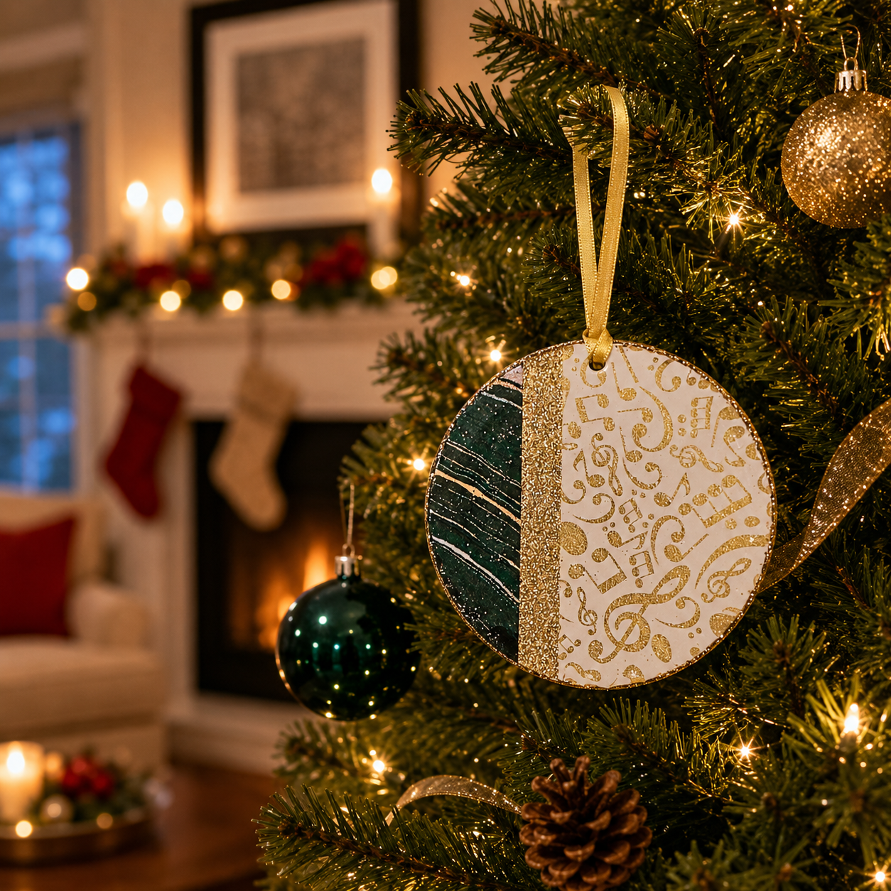 Green and Gold Musical Notes Handmade Ornament
