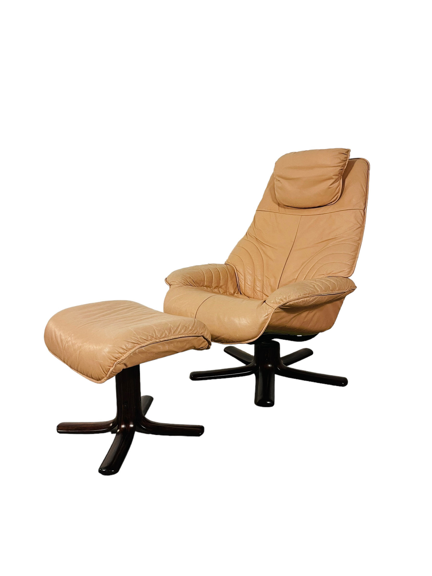 Vintage Champagne Leather Lounge Chair & Ottoman by Hjellegjerde Made in Norway