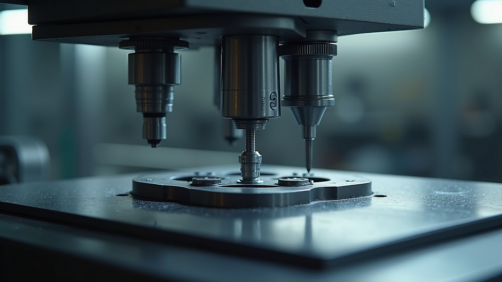 High angle view of a precision machined component on a production table