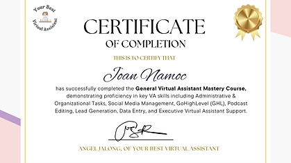 Professional Virtual Assistant certified in General Virtual Assistant Mastery, offering administrative support, organizationa