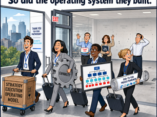 Cartoon of consultants wheeling a crate labeled "Strategy Execution Operating System" and other framework materials out of an office lobby on the last day of an engagement, leaving behind only ghosted outlines on the wall where the diagrams used to hang