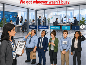Cartoon of a Strategy Execution Office representative holding a clipboard reading "Requested, Your Best People," facing a mismatched lineup from Finance, Operations, Marketing, HR, and IT, while the actual top performers remain busy at their desks in the background