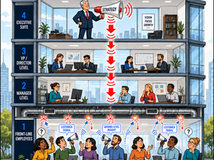Cartoon cross-section of an office building, a megaphone labeled "Strategy" broadcasting flawlessly down through executive, VP, and manager levels, while front-line employees' attempts to send customer signals and ground-level insight back up bounce off the ceiling