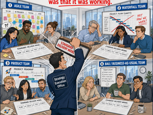Four panel cartoon showing an Agile team, a Waterfall team, a Product team, and a BAU team, each confused and frustrated as a Strategy Execution Office representative stamps a "Standard Delivery Model" template onto every team regardless of fit
