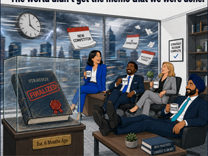 Cartoon of executives relaxing with "Mission Complete" mugs beside a strategy document sealed under glass with a plaque reading "Est. 6 Months Ago," while a stormy skyline outside shows new competitor, AI disruption, and regulation change flying past