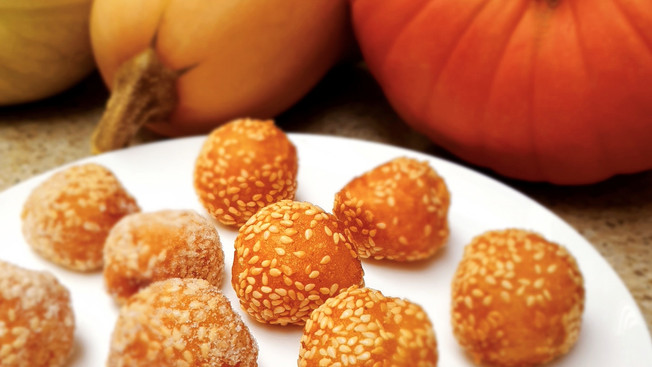 Coming soon! Chinese pumpkin sesame "doughnut" balls recipe