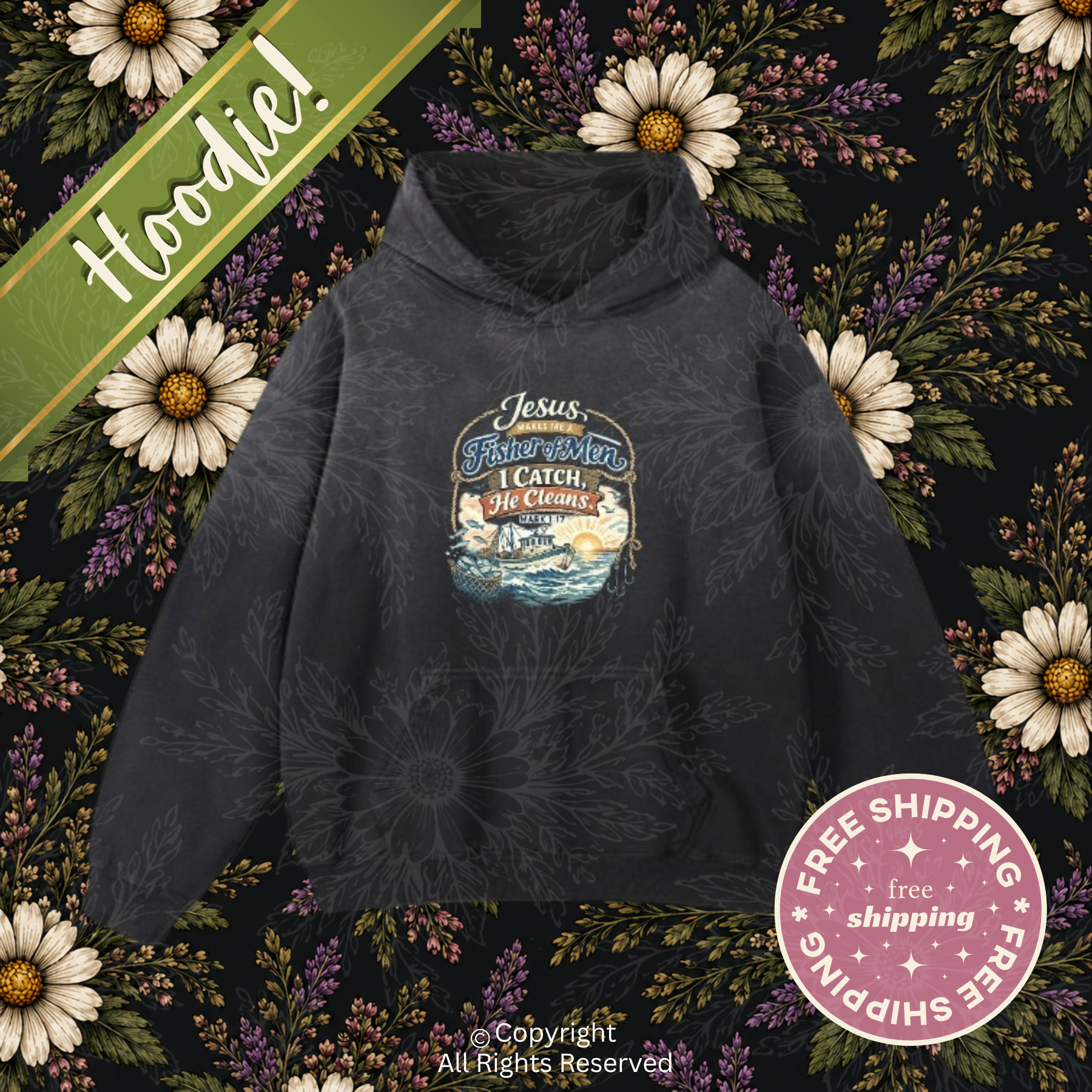 Mark 1:17 Fisher Of Men Vintage Wash Hoodie