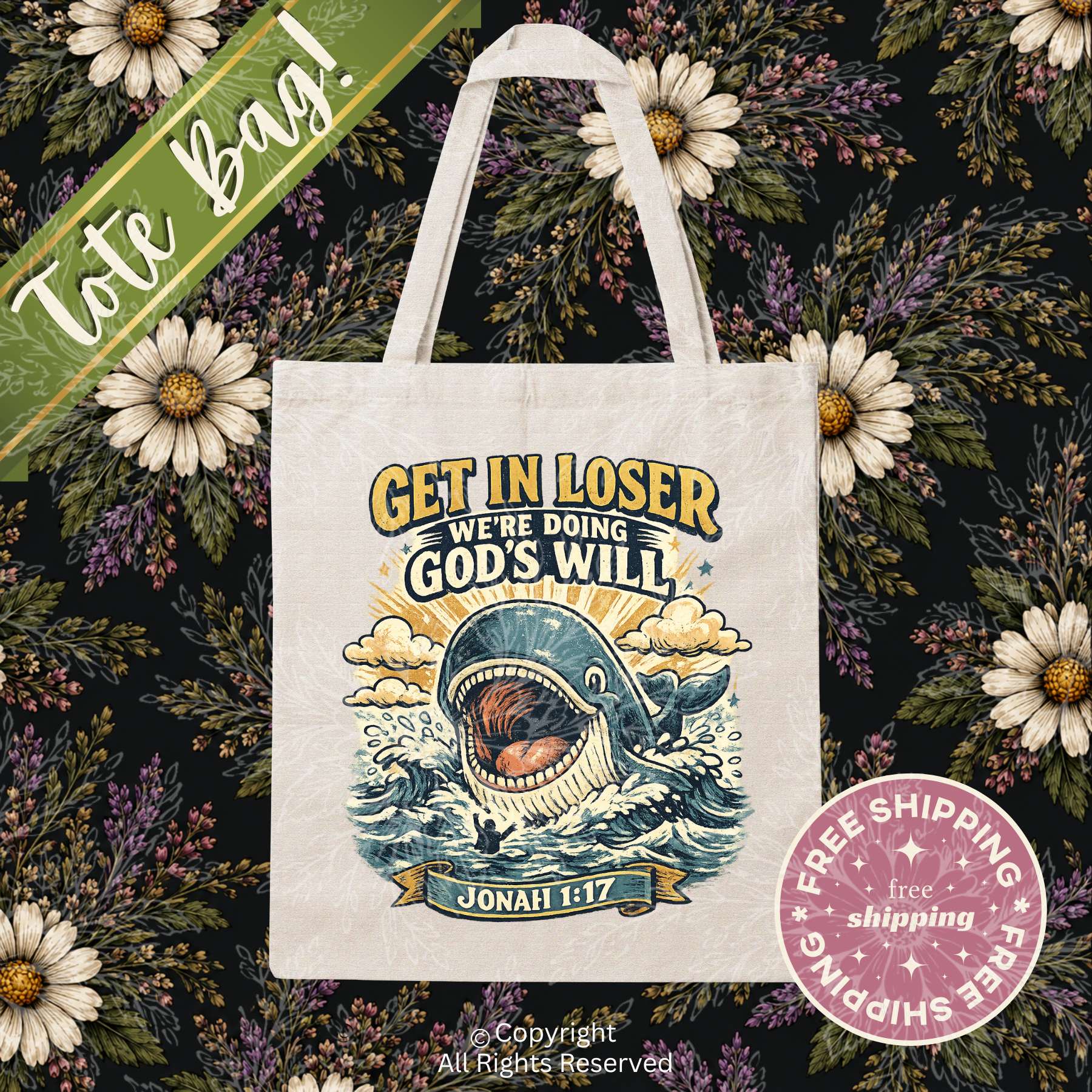 Jonah 1:17 Whale Cotton Canvas Tote