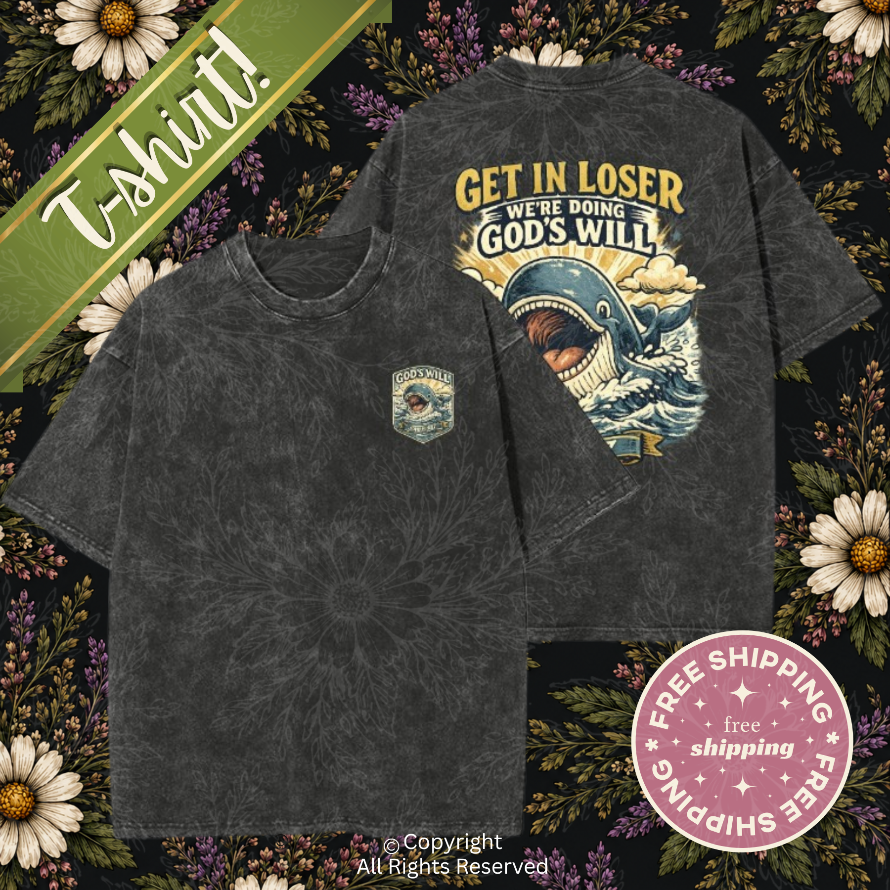 Jonah 1:17 Whale Washed T-shirt Cotton DTG Printed