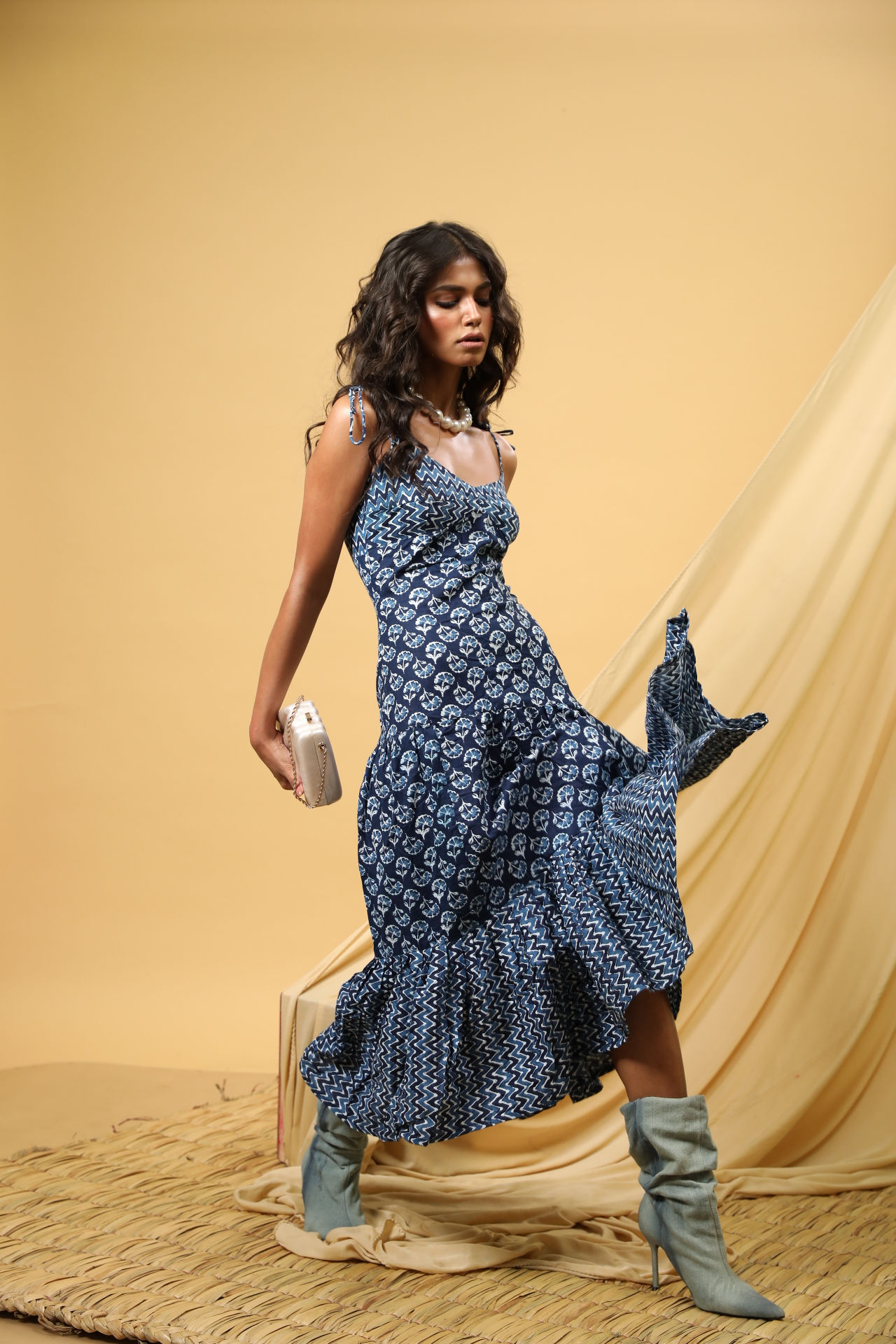 Indigo Ruffle Cotton Maxi Dress