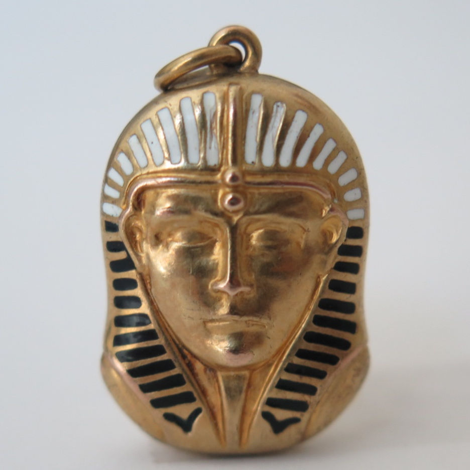Thumbnail: Vintage Art Deco 14k Gold Egyptian Revival Pharaoh Enamel Pendant Locket