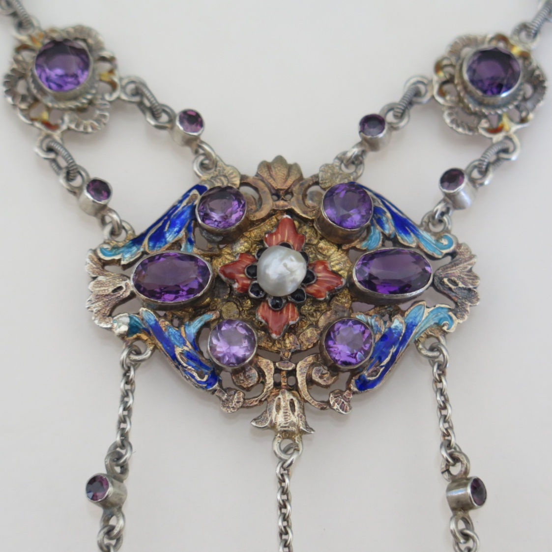 Antique Neo-Renaissance Sterling Silver Amethyst Enamel Necklace