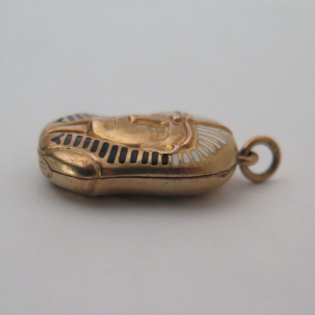 Thumbnail: Vintage Art Deco 14k Gold Egyptian Revival Pharaoh Enamel Pendant Locket