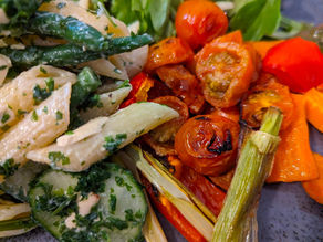 Autumn pasta salad served with grilled veggies