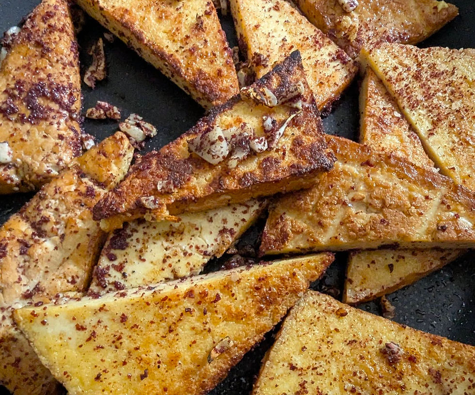 Sumac smoked tofu. Just fry sliced smoked tofu(200g) with 1tbsp of lemony rapeseed oil until golden.Flavor tofu with 1clove of garlic, 2tsp of sumac. Delicious!
