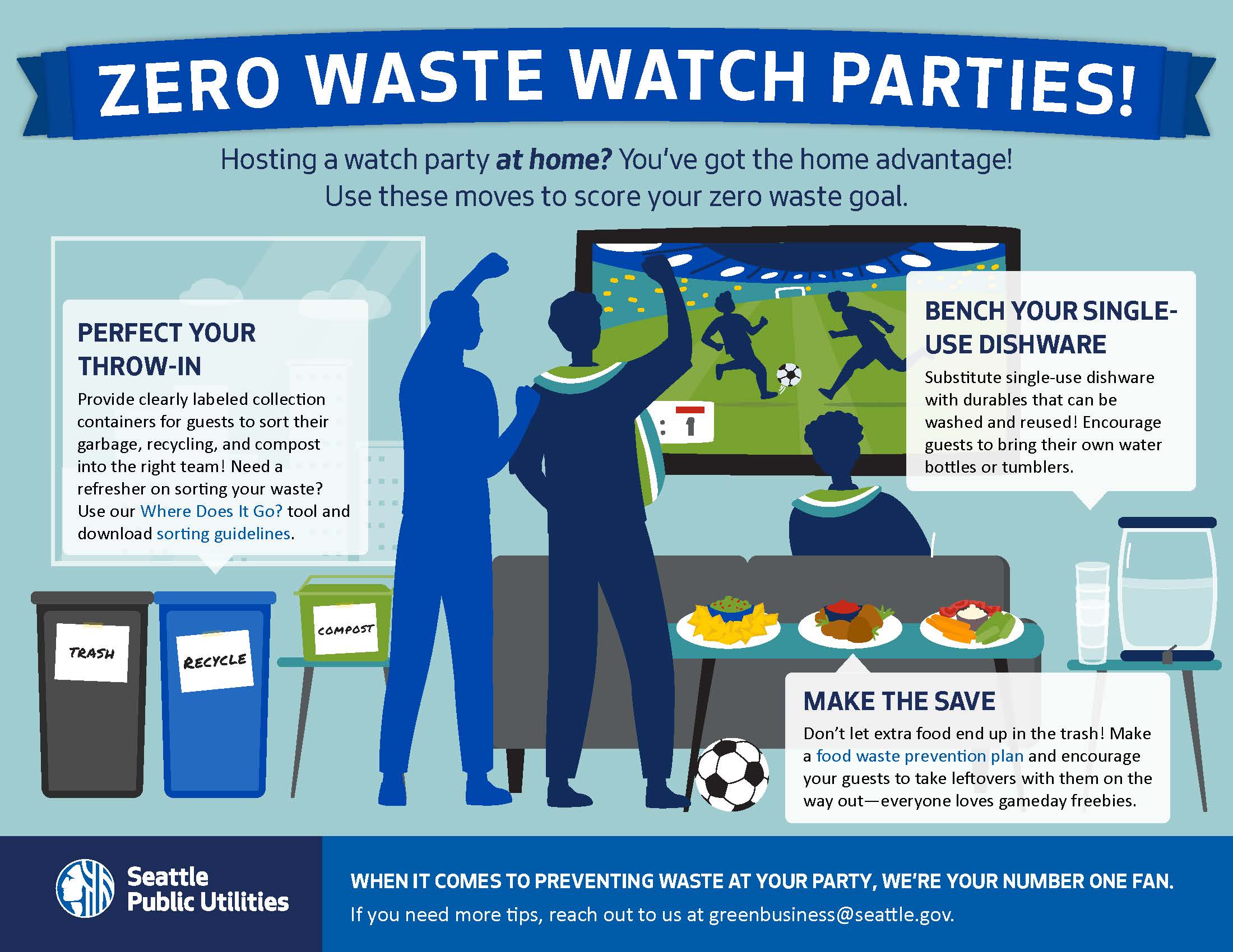 Zero Waste Watch Parties informational poster with soccer styled graphics and information to make the most out of a zero-waste watch party at your home.