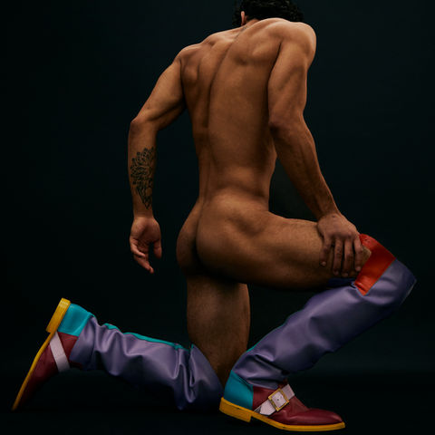 Leon Shrestha male model Moschino collaboration thigh high boots footwear menswear nude physique fashion photography Eddie Blagbrough London photographer