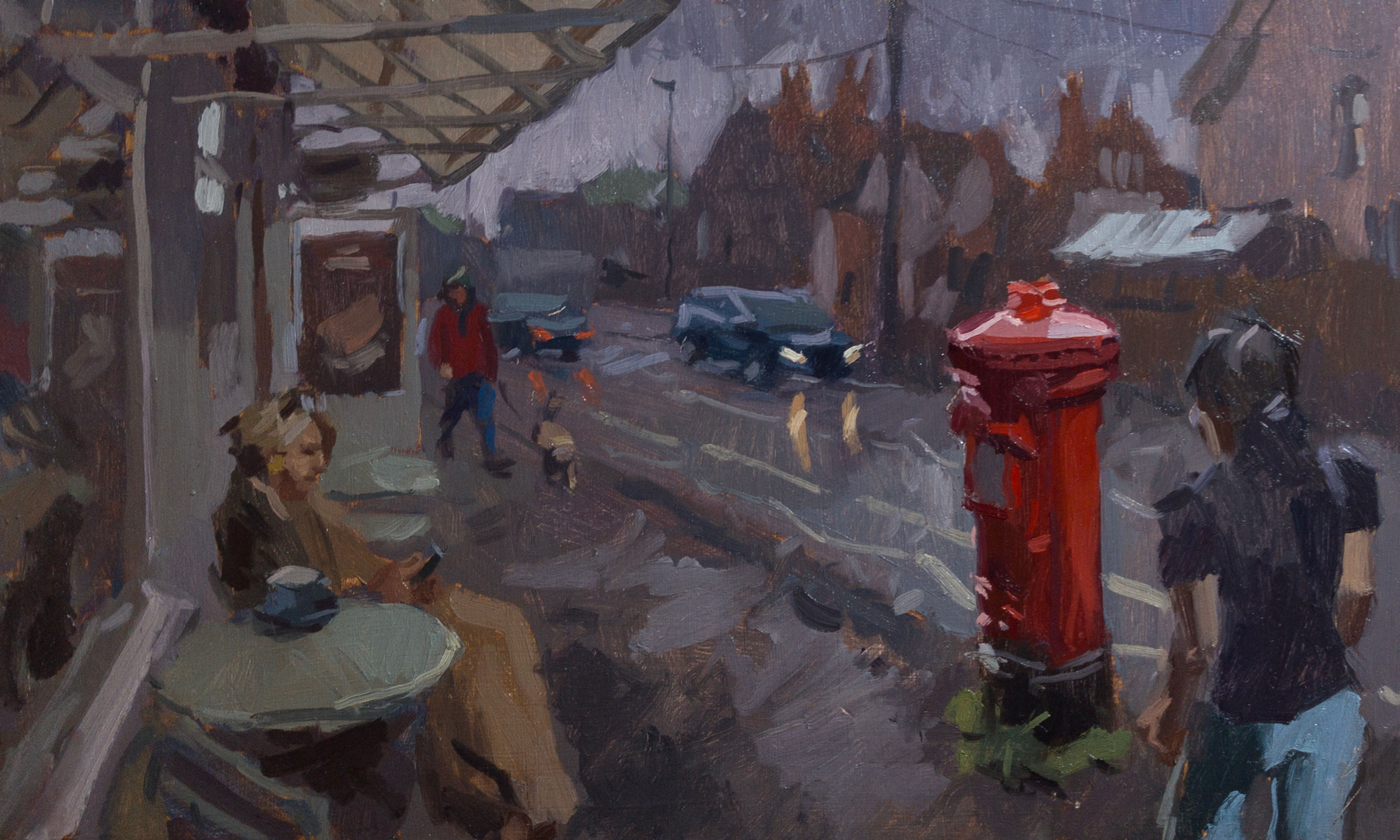Red post box, rain and coffee