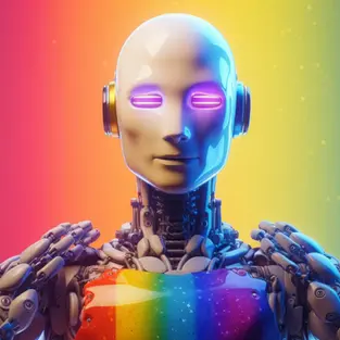 A futuristic humanoid robot with glowing purple eyes stands against a rainbow-colored background. The robot wears a shirt with a rainbow Pride flag pattern, symbolizing LGBTQ+ inclusion in technology and AI. Its metallic hands rest on its chest in a gesture of solidarity.