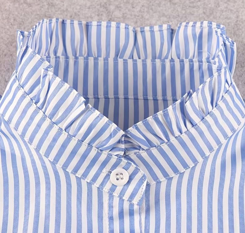 Thumbnail: Detachable Shirt Collar, Blue and White Striped Pattern, Button Front with Tie