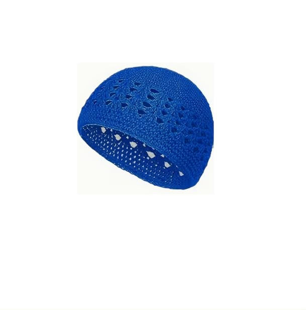 Thumbnail: Crochet Knit Beanie Hat, Royal Blue Abba Style, Breathable Open Weave Design