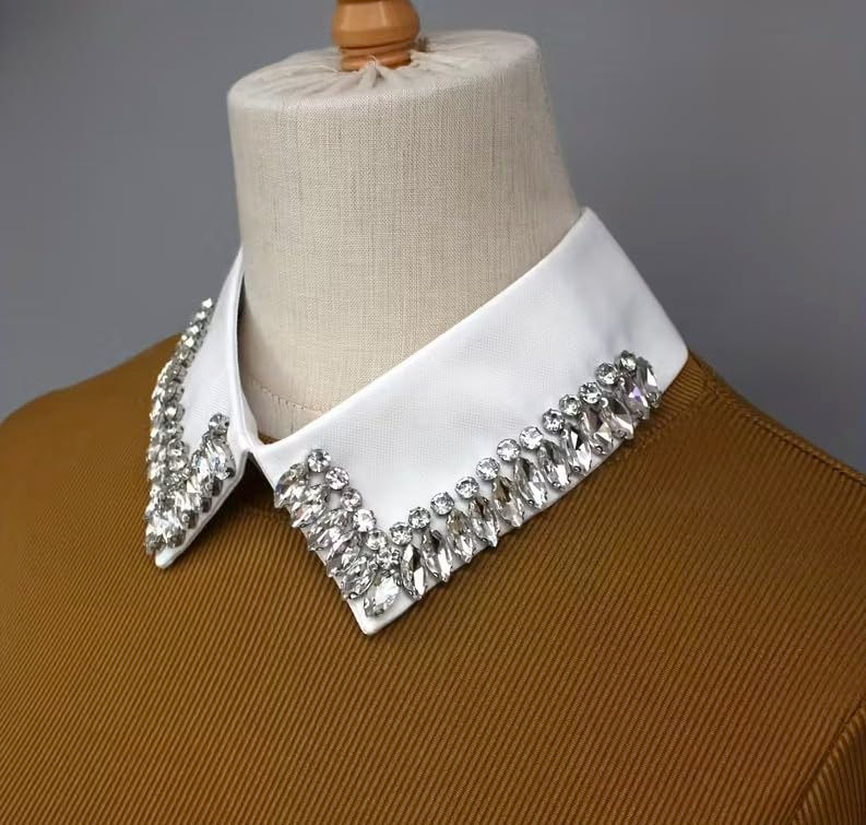 Thumbnail: Detachable Shirt Collar with Jewelled Crystal Embellishment, White, Pointed