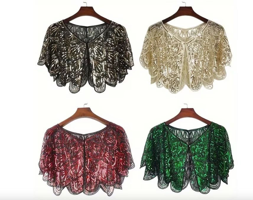 Thumbnail: Sequin Bolero Cape Shawl for Women, Scalloped Hem, Short Sleeve Collar Arm Cover