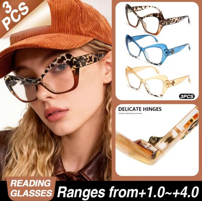 Thumbnail: Cat Eye Reading Glasses, Leopard Print Blue Yellow, 3 Pack - 1.0 1.5 2.0 2.5 3.0