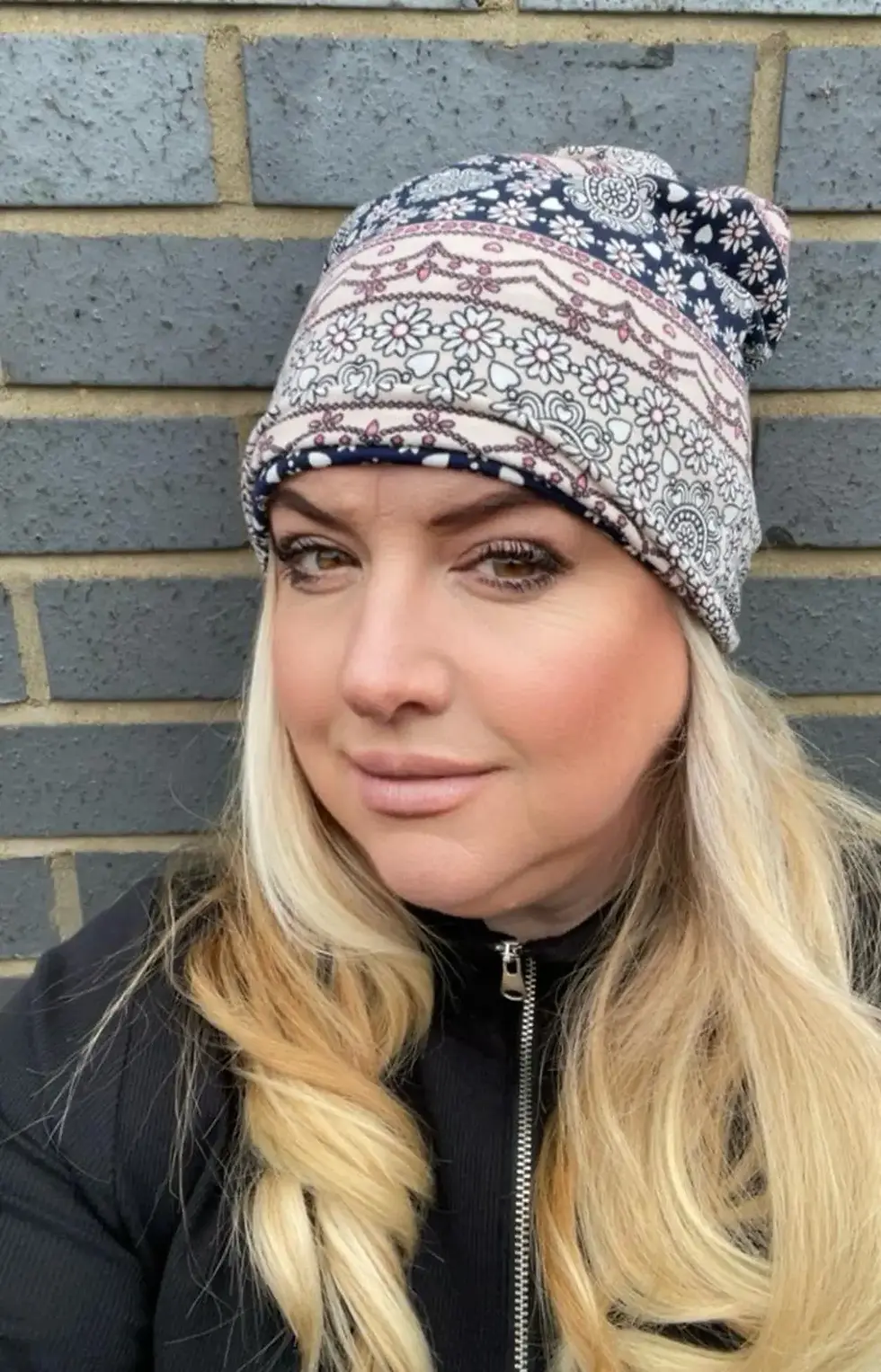 Thumbnail: Chemo Headwrap Beanie Hat Pink & Navy Pattern