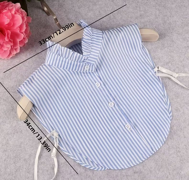 Thumbnail: Detachable Shirt Collar, Blue and White Striped Pattern, Button Front with Tie