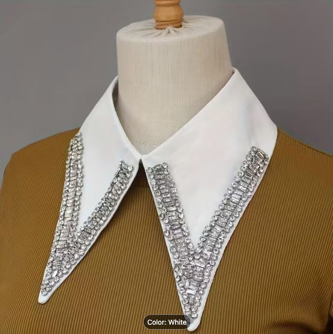 Thumbnail: Detachable Shirt Collar with Jewelled Crystal Embellishment, White, Pointed