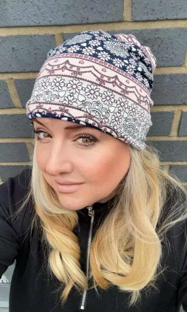Thumbnail: Chemo Headwrap Beanie Hat Pink & Navy Pattern