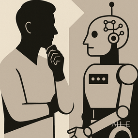 A human and AI robot face to face