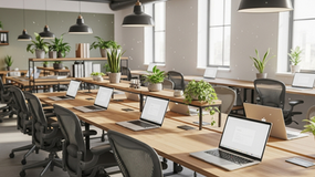 An office with plants and computers and open plan
