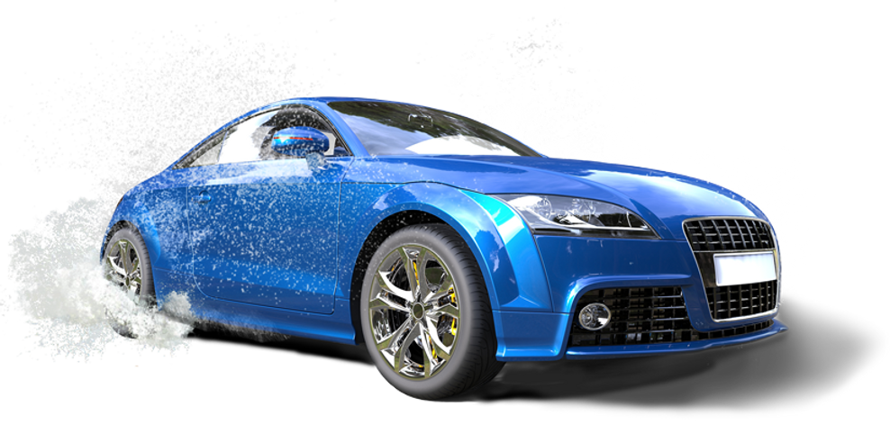Bright blue car in puddle