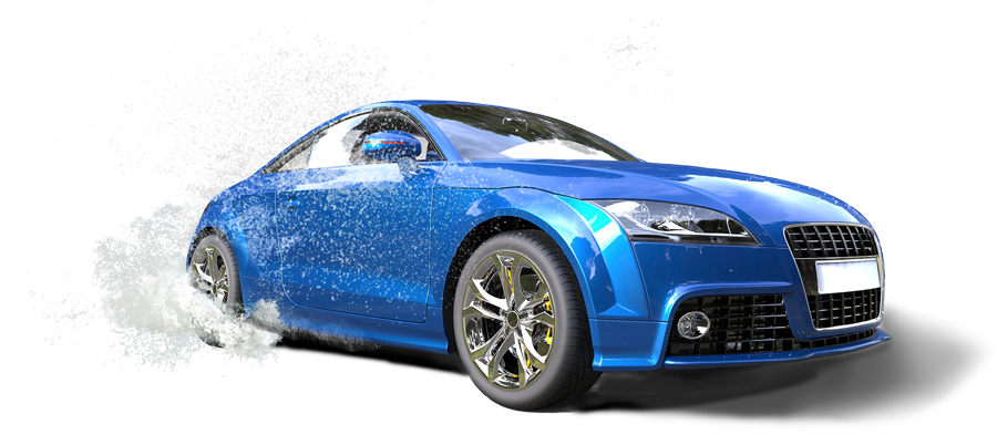 Bright blue car in puddle